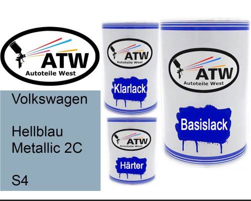 Volkswagen, Hellblau Metallic 2C, S4: 500ml Lackdose + 500ml Klarlack + 250ml Härter - Set, von ATW Autoteile West.